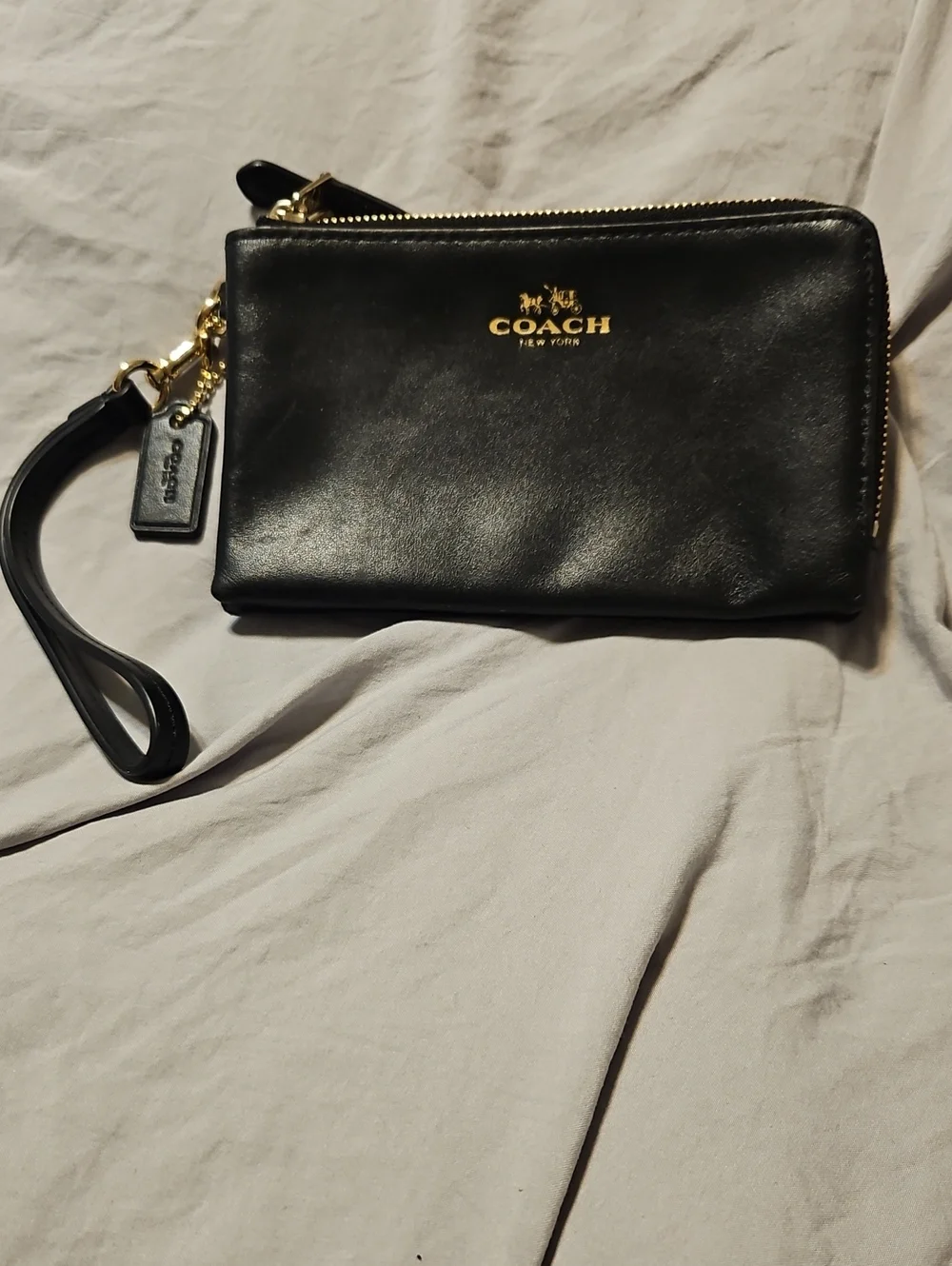 Coach Black Leather Wristlet with Gold Hardware